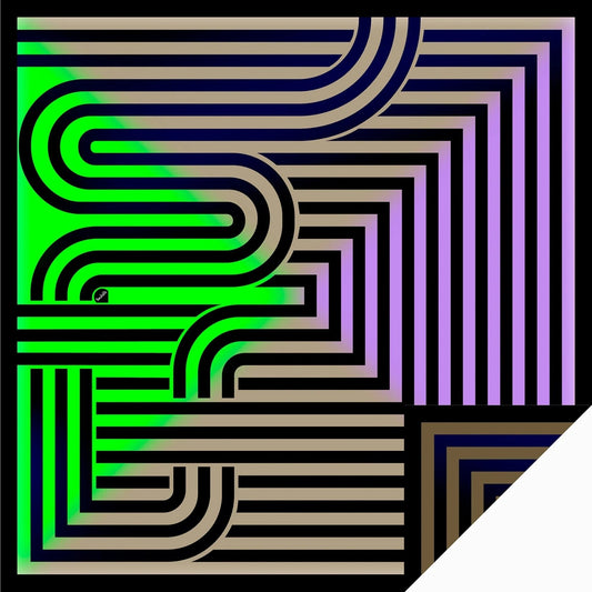 Abstraktes Muster mit schwarzen Linien, neonfarbenem Grün und Lila auf gerundeter Fläche, zweiseitig