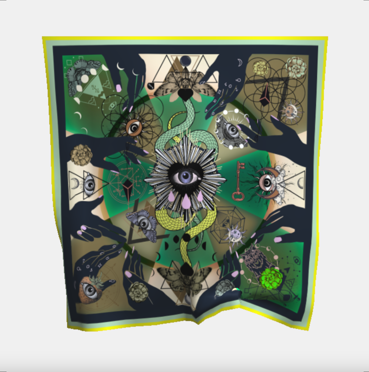 TAROT / Grand Foulard 135 × 135 cm aus Wolle Olive Schweizer Design aus Luzern Foulala