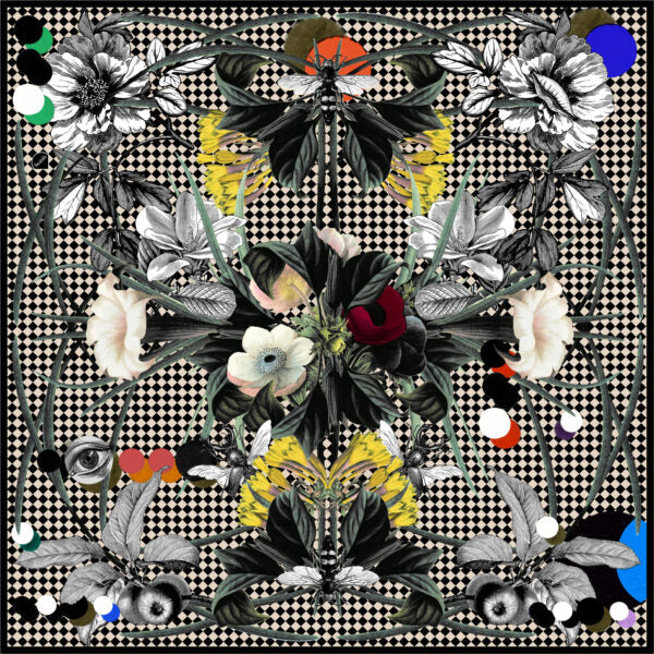 Foulard FLORA Schwarz Weiss  135 x 135 Grand Gross  aus Seide Damen Seidenschal Seidentuch Vierecktuch