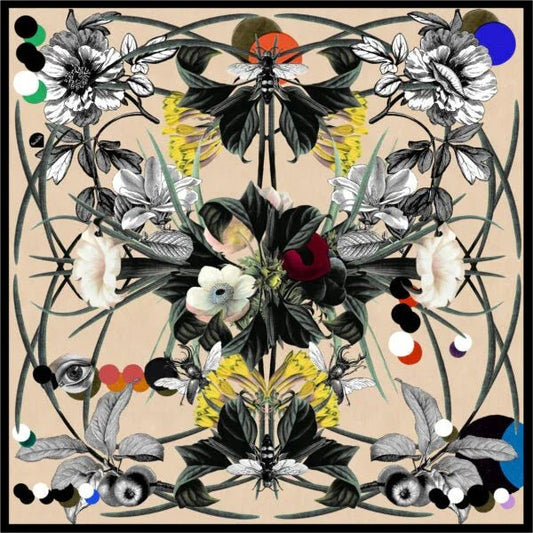 Florales Wandbild mit botanischem Muster, bunte Kreise und Natur Illustration auf beigem Hintergrund