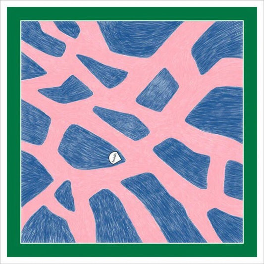 Modernes Tuch mit abstraktem blauen Muster auf rosa Hintergrund, grüner Rand, 58cm