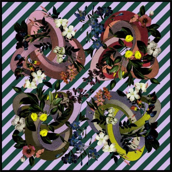 Florales Seidentuch mit buntem Blumenmuster, violett-grün gestreifter Hintergrund, 135x135cm